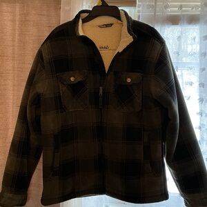 Cabela's Black and Gray Plaid Jacket with Sherpa Collar